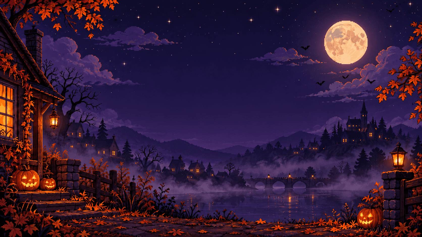 Pixel art Halloween night: a cottage porch with jack-o'-lanterns and autumn leaves, a misty lake with a lamp-lit stone bridge, and a village and castle under a full moon